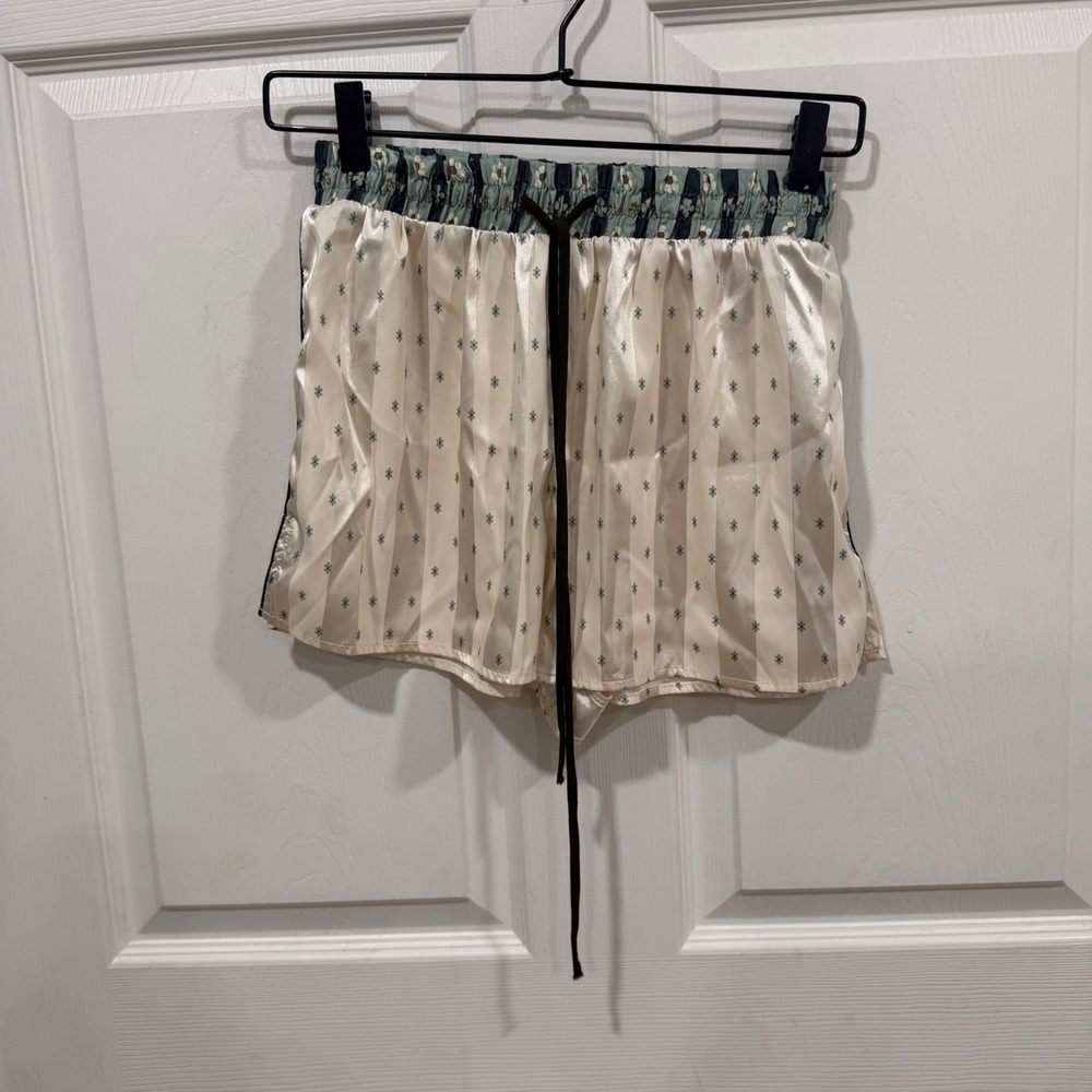 Intimately Free People Floral Satin Tap Shorts Cream Sage Green Smocked Waist XS